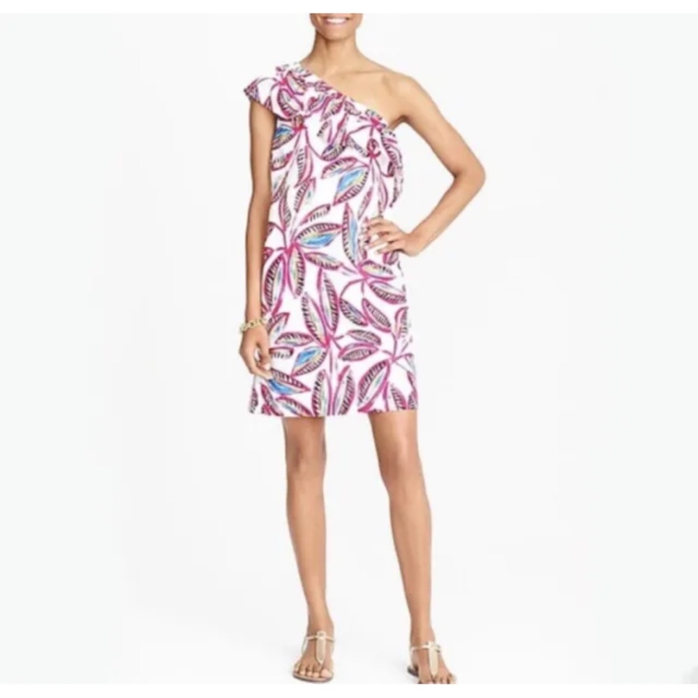 J. Crew One-Shoulder Leaf Print Dress in White, Pink, Blue